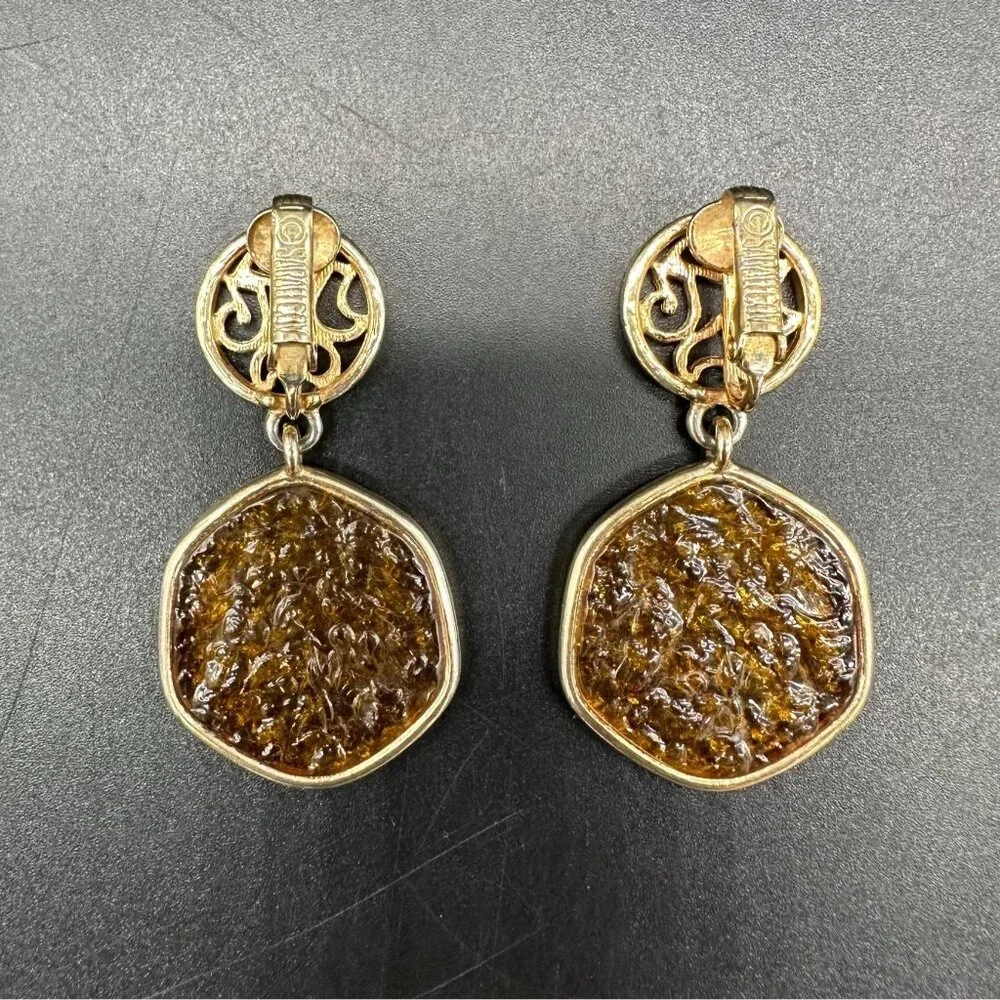 Vintage Clip On Earrings Sarah Coventry Honey Amber Dangle 1970s Retro Gold Tone - Picture 2 of 8